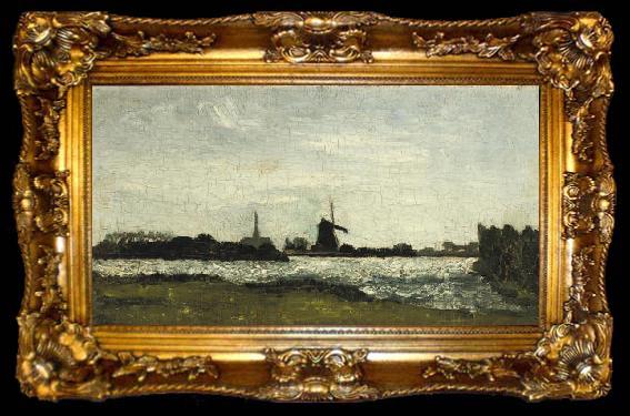 framed  Theo van Doesburg River landscape with steeple and mill., ta009-2